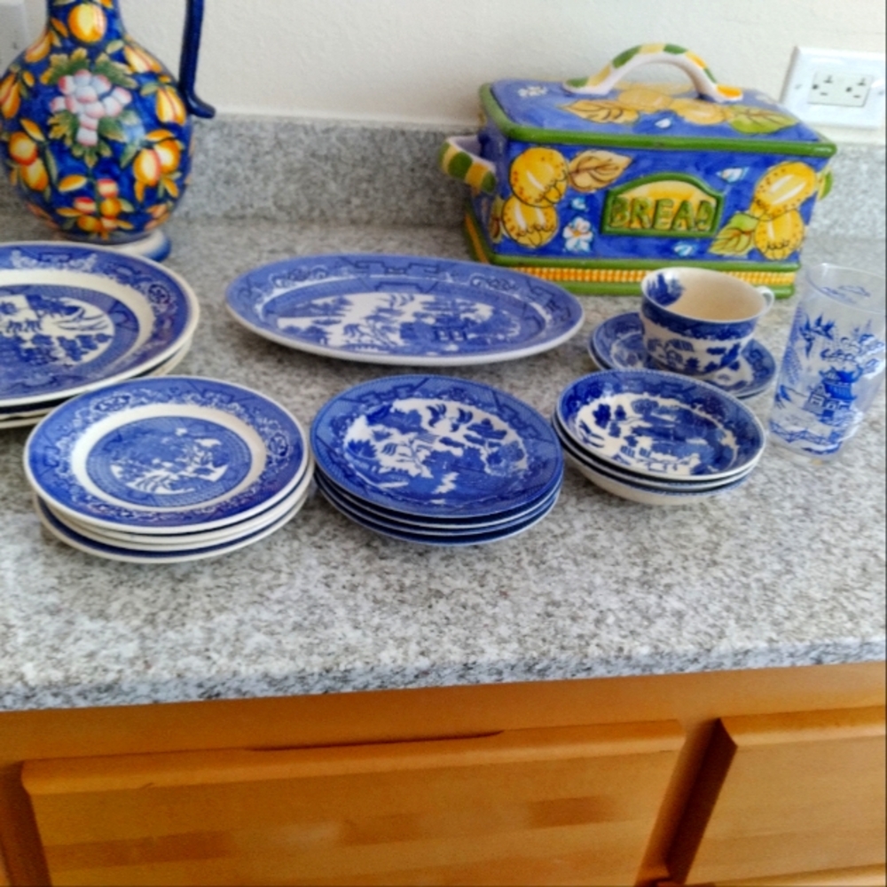 Blue Willow dishes and glasses